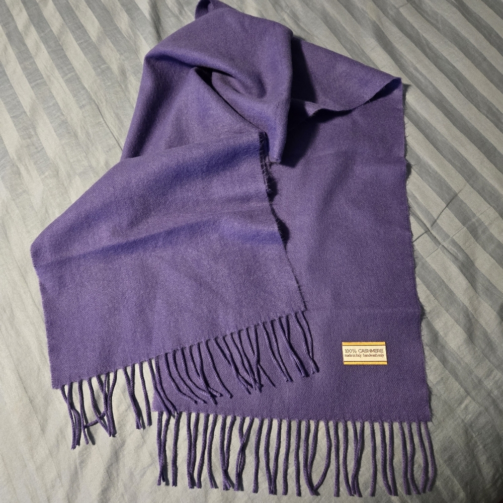 100% Cashmere Scarf Purple 12.5" X 70" Including Fringe, Made In Italy, Handwash